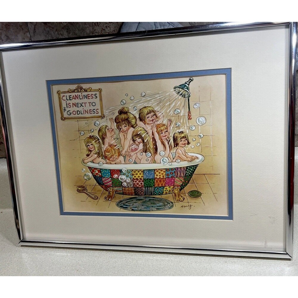 Vtg Girls Sisters Children 60s 70s MCM Print Framed Bathroom Godliness